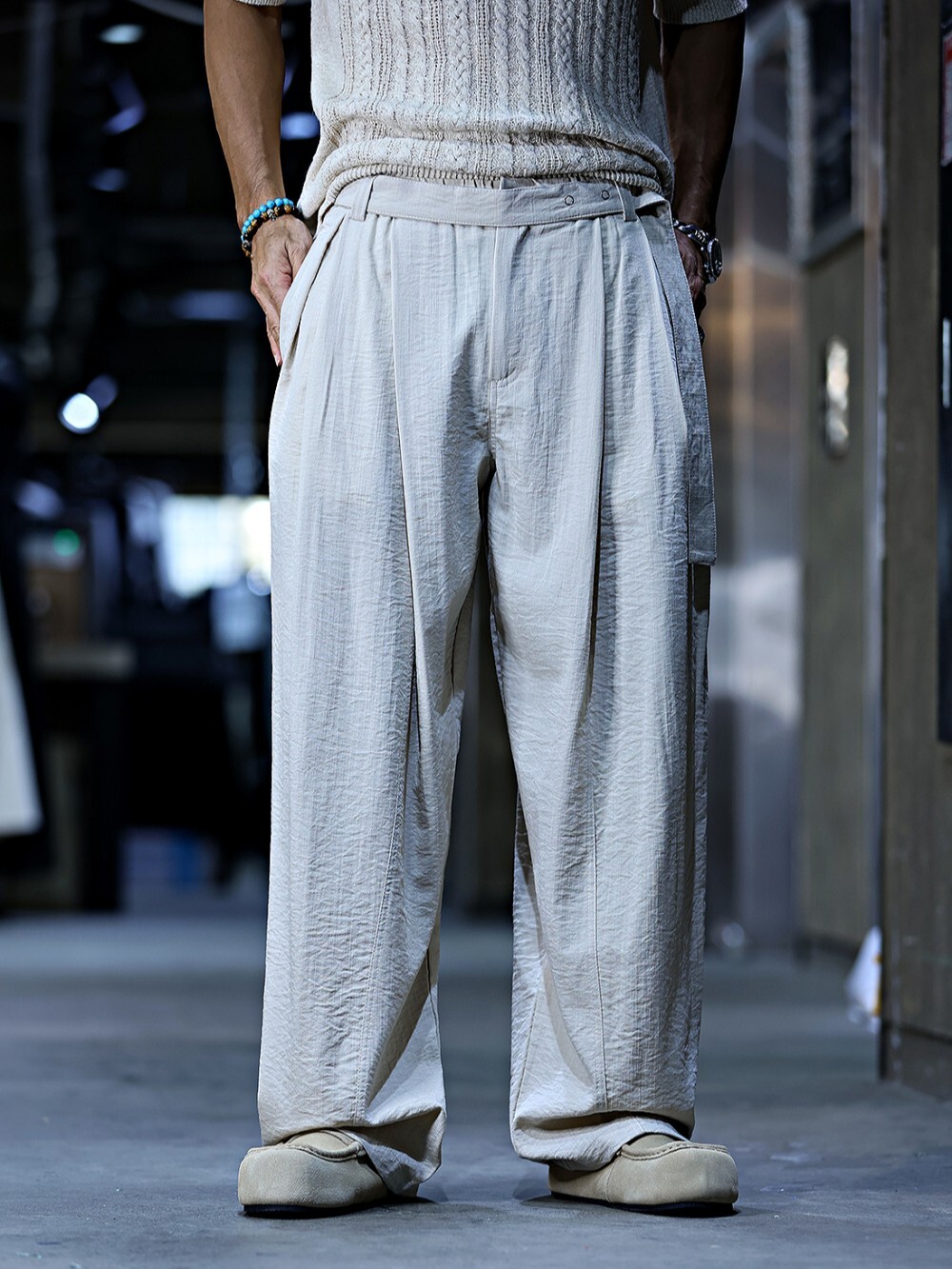 Linen loose-fitting belted casual suit pants
