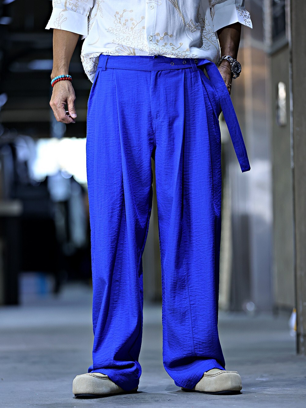 Linen loose-fitting belted casual suit pants