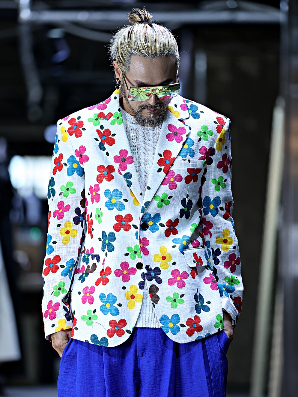 Brightly colored floral linen coat