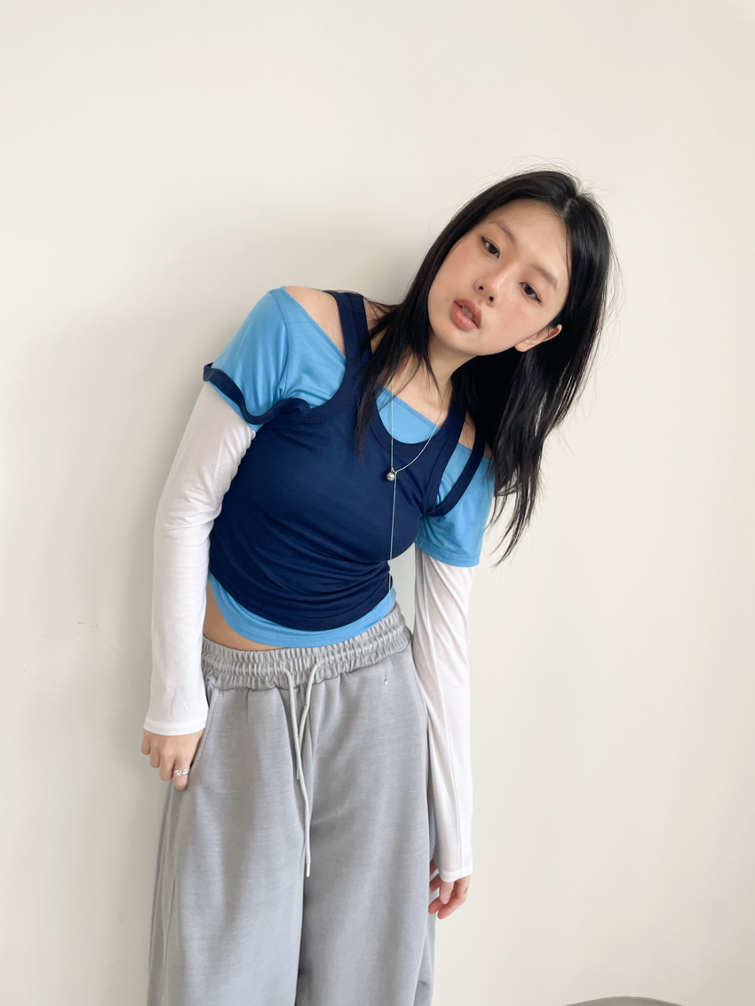(Designer!) layered contrast soft cotton two-piece top
