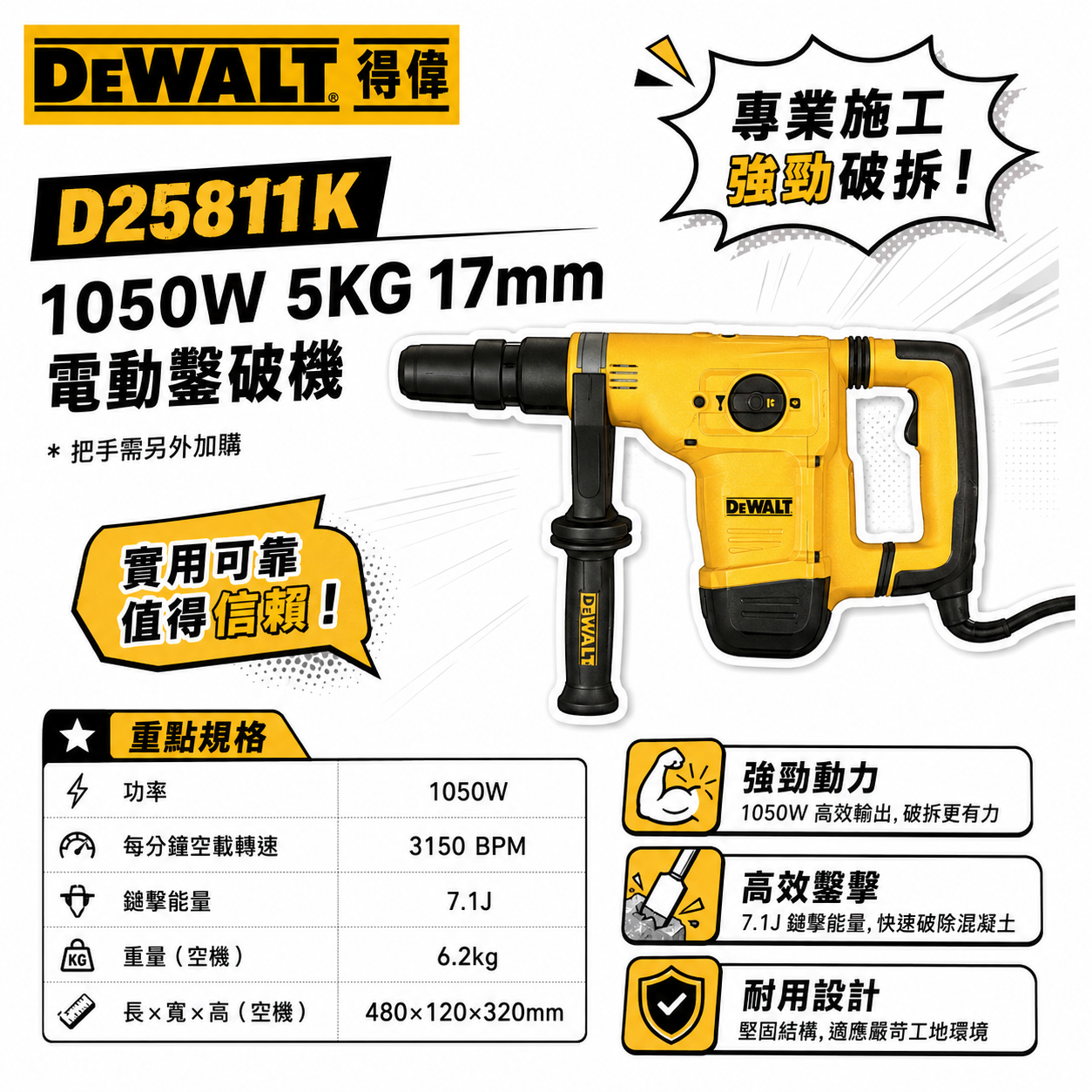 DEWALT 美國 得偉｜1050W 5KG 插電式電動鑿破機 強力型插電破壞鎚 破碎機 電鎚｜D25811K + 附原廠收納箱｜D25811｜公司貨
