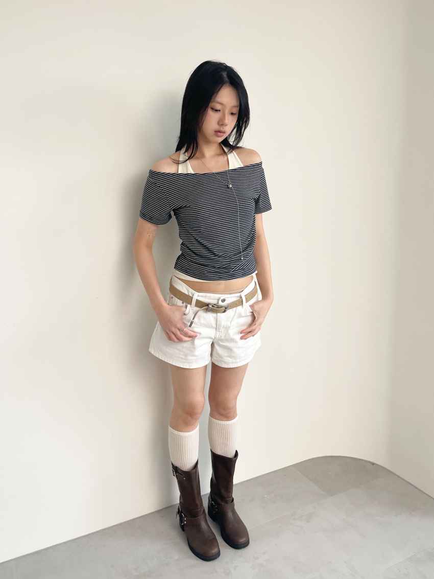 layered contrast halter ruched waist top