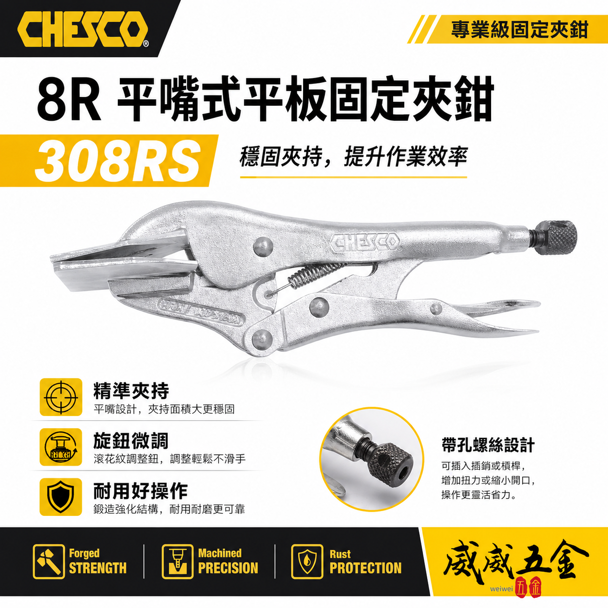 CHESCO 台灣製｜ 8R｜8" 平嘴式平板固定夾鉗 鐵柄平板萬能鉗 平板固定萬能鉗 平板夾鉗｜308RS