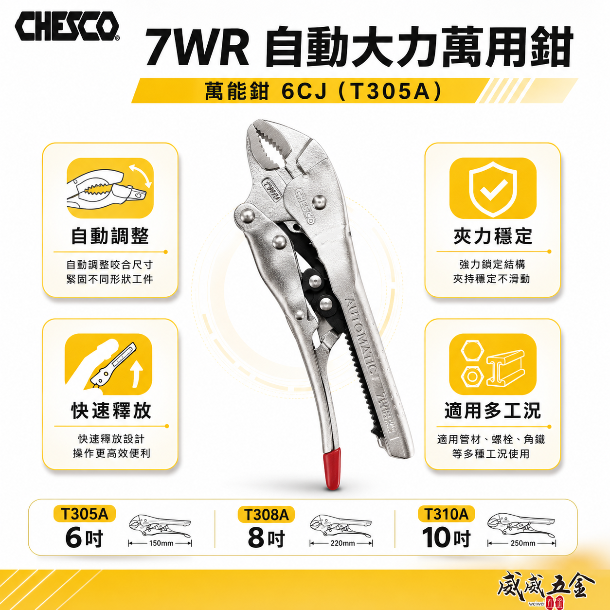 CHESCO 台灣製｜7WR｜6"手動型夾鉗 自動大力萬用鉗 鐵柄固定鉗 免調整萬能鉗 ｜6CJ｜T305A