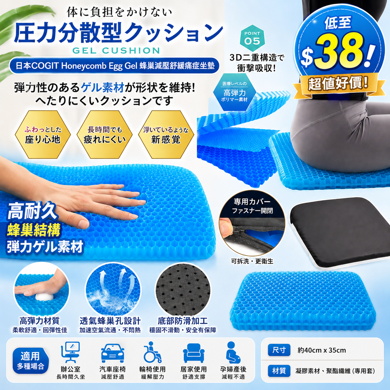 【UB9424】日本COGIT Honeycomb Egg Gel蜂巢減壓舒緩痛症坐墊