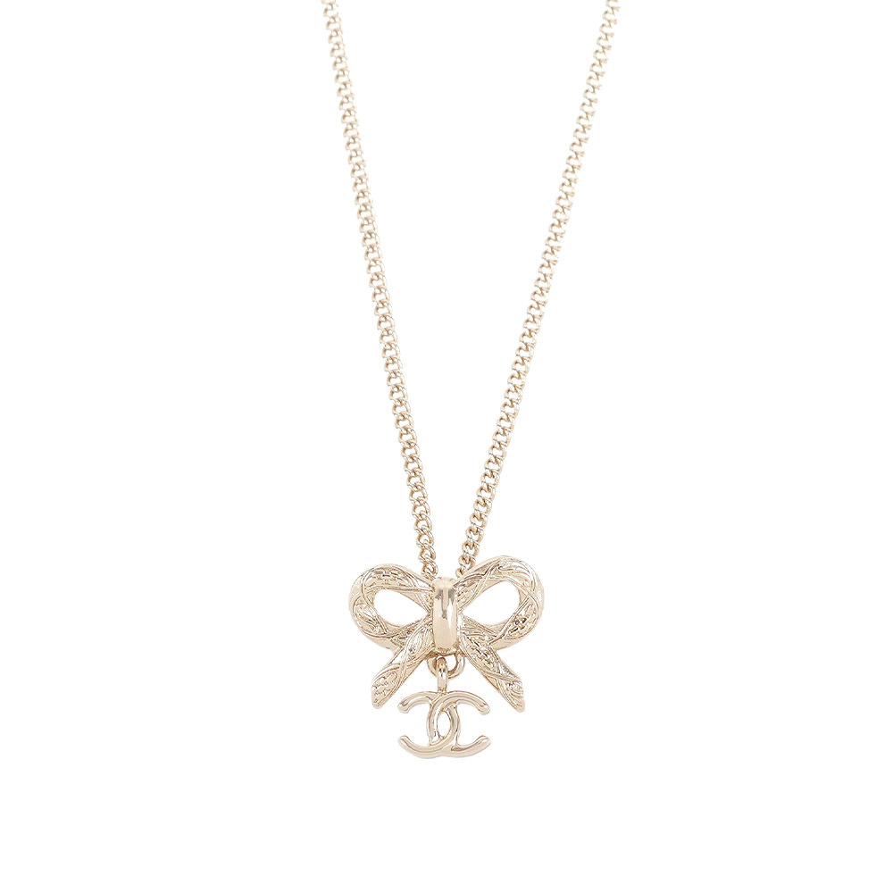 【CHANEL】CC Logo 及蝴蝶結造型項鍊(金色)