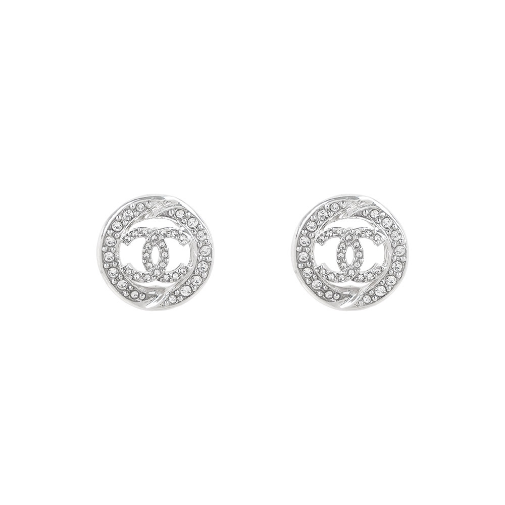 【CHANEL】CC Logo 水鑽橢圓造型針式耳環(銀色)