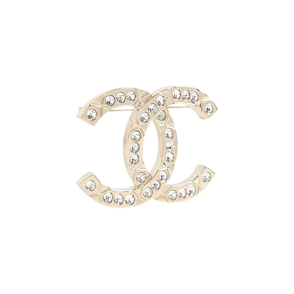 【CHANEL】CC Logo 菱格紋刻印及水鑽鑲飾胸針(金色)