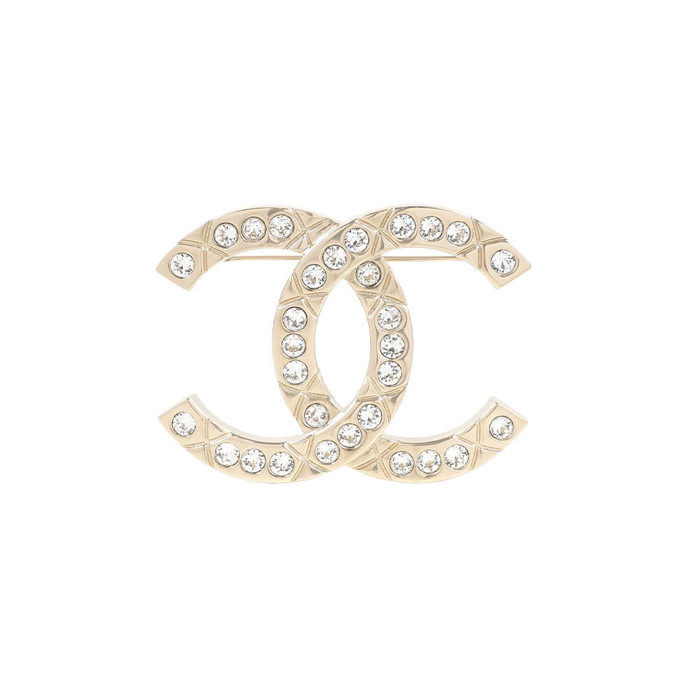 【CHANEL】CC Logo 菱格紋刻印及水鑽鑲飾胸針(金色)