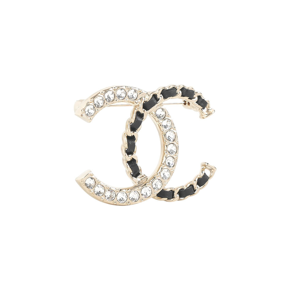 【CHANEL】CC Logo 水鑽及皮穿鍊設計胸針(金色)