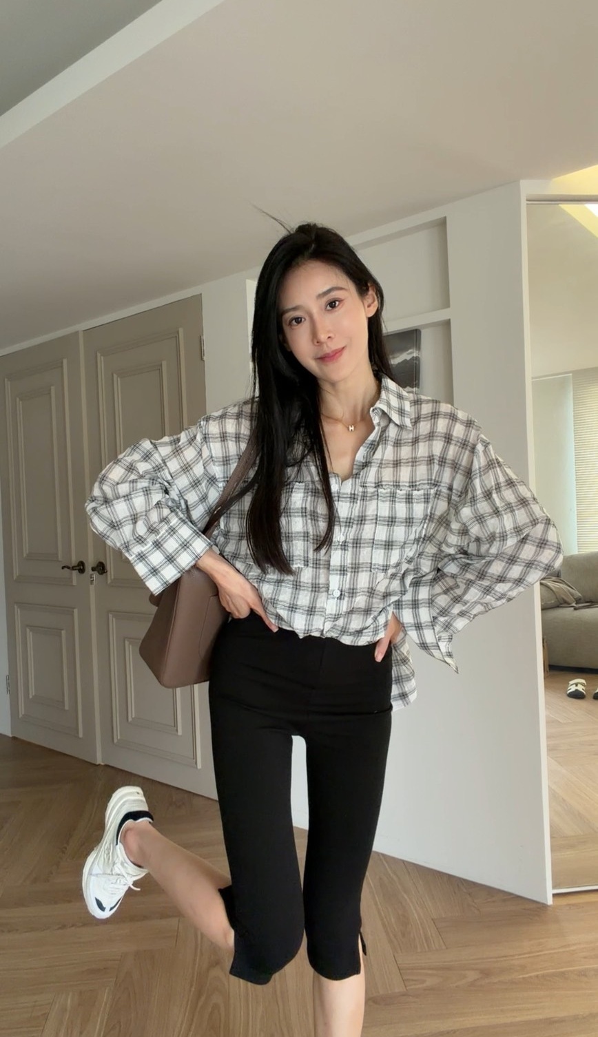 ｜韓國｜抓皺感格紋罩衫