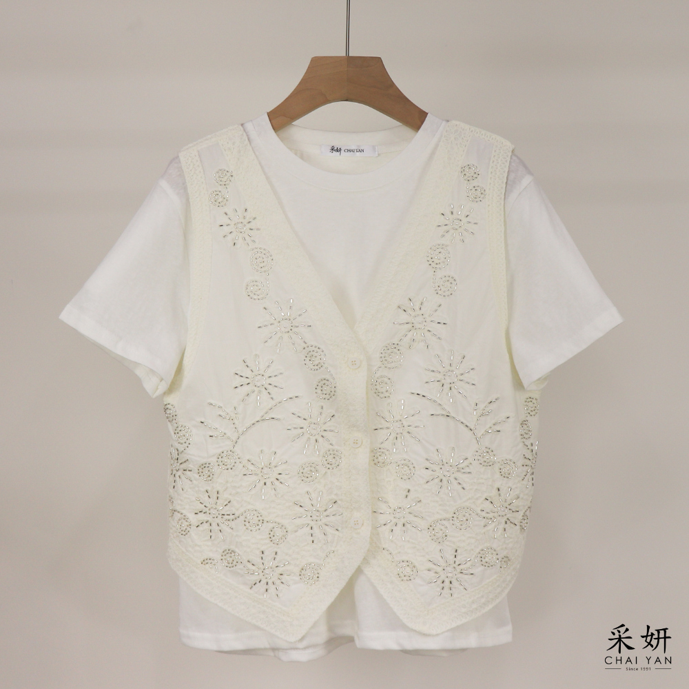 二件式 串珠花朵棉麻上衣套裝