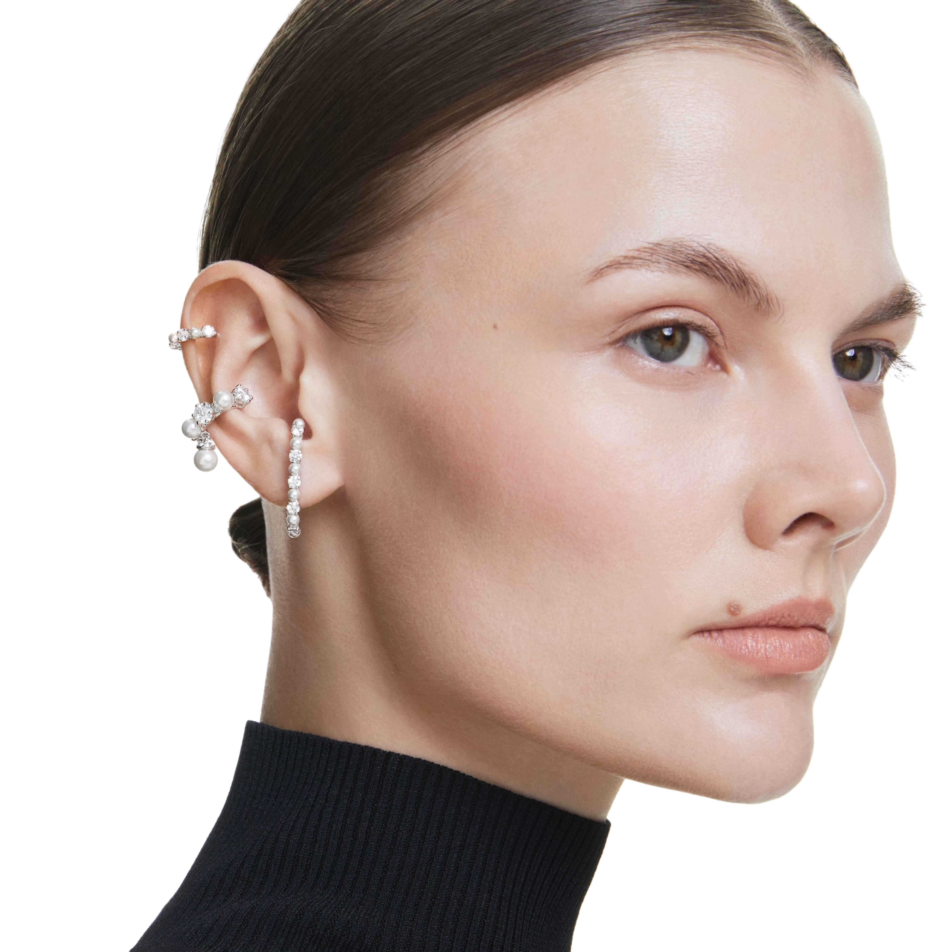 【Swarovski Outlet】Matrix ear cuff Set (3), Crystal pearl, Round cut, White, Rhodium plated  銀