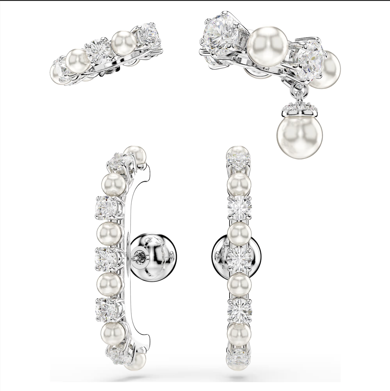 【Swarovski Outlet】Matrix ear cuff Set (3), Crystal pearl, Round cut, White, Rhodium plated  銀