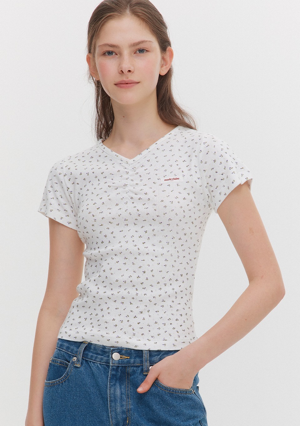 Marie Claire｜V neck Flower T (2colors)
