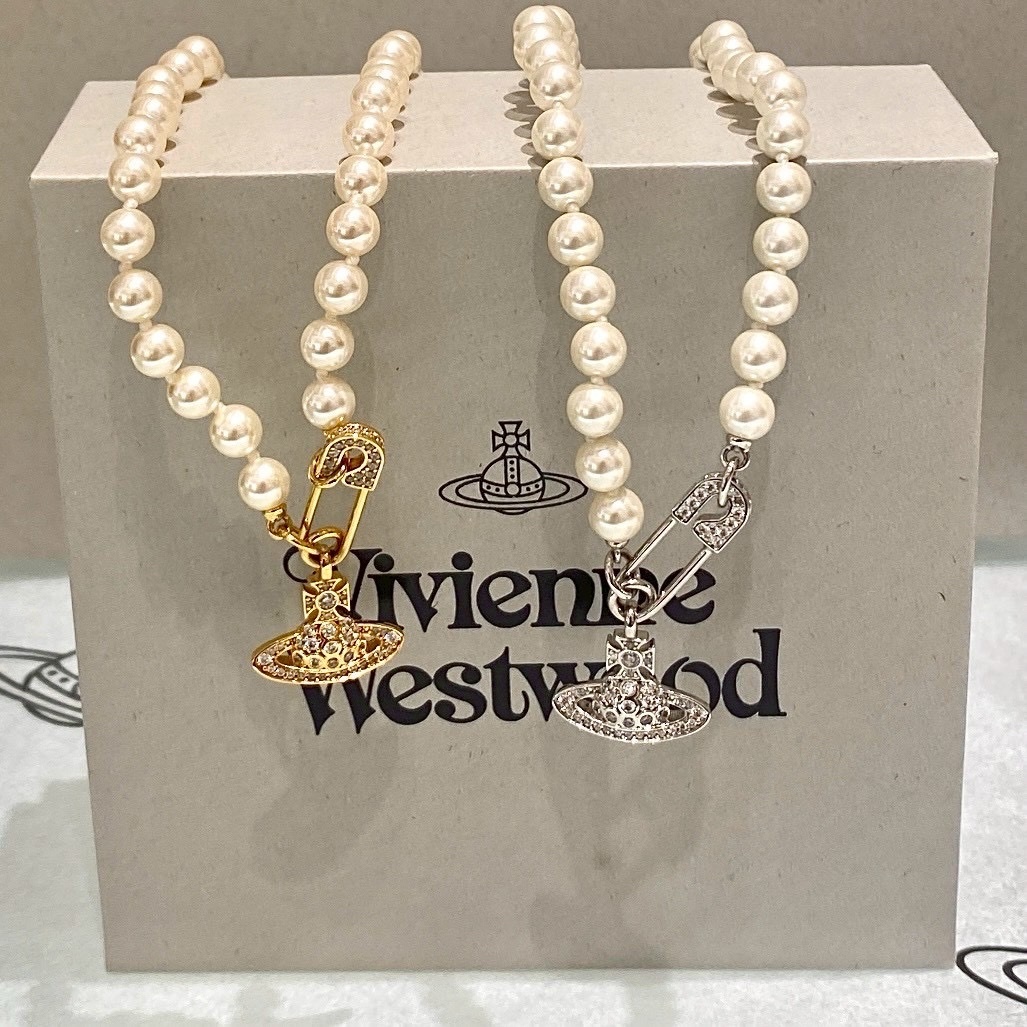 18k vivienne經典滿鑽土星迴紋針珍珠項鍊/高奢定製