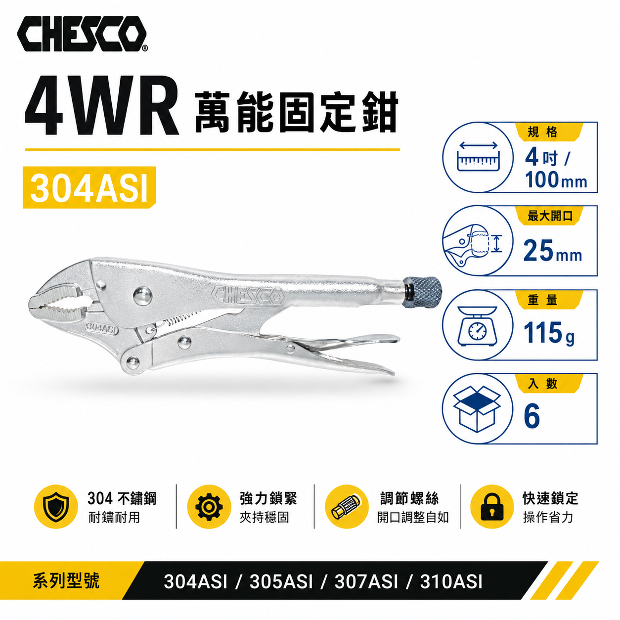 CHESCO 台灣製｜4WR｜4吋 鐵柄強力夾齒萬能鉗 4" 萬能固定鉗 固定夾鉗 曲口大力鉗｜304ASI