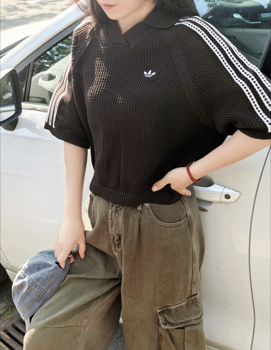 【OWN】Adidas 短袖 POLO 上衣 女版 短版 寬鬆 針織 三葉草 限定 短TEE 咖啡色