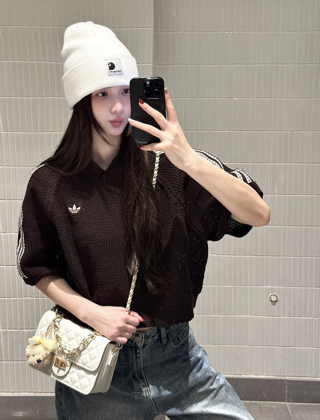 【OWN】Adidas 短袖 POLO 上衣 女版 短版 寬鬆 針織 三葉草 限定 短TEE 咖啡色