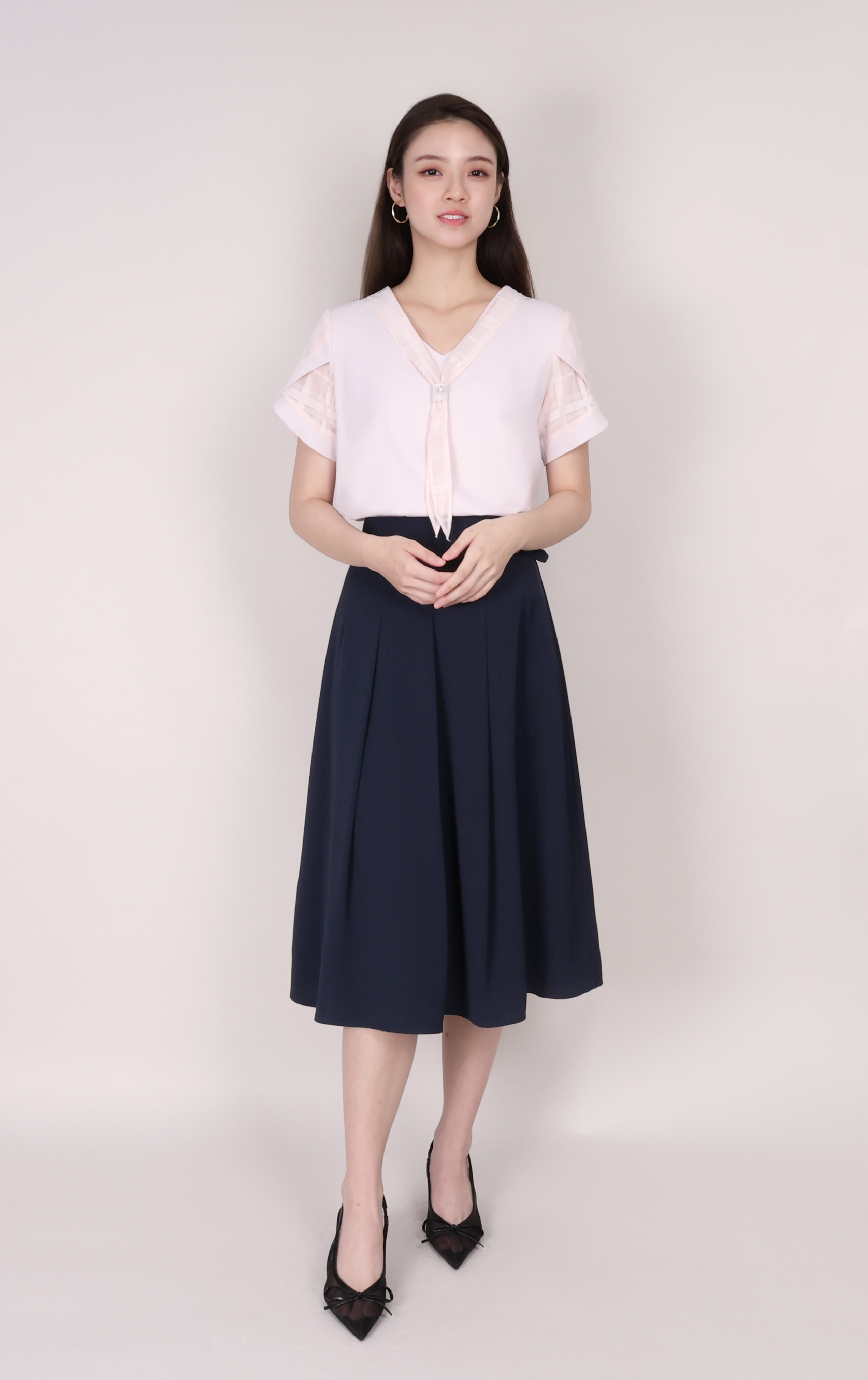 Smooth Chiffon Patchwork Tie-neck Top SH0413