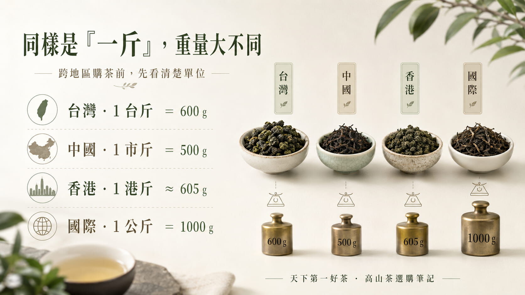 跨地區一斤重量對照圖,台灣台斤600克、中國市斤500克、香港港斤605克、公制公斤1000克的差異比較