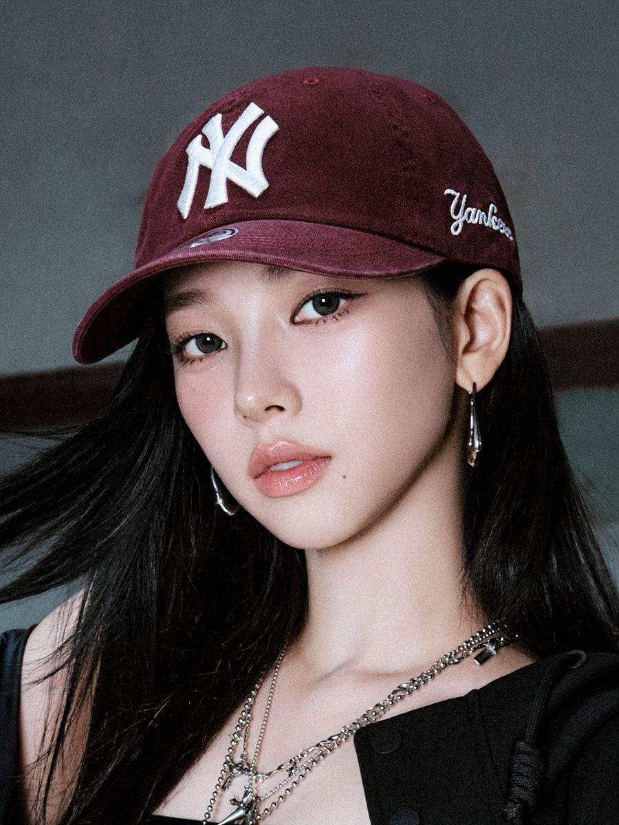 MLB Karina 聯名款軟頂棒球帽 NY 酒紅色 3ACPB245N-50WIS
