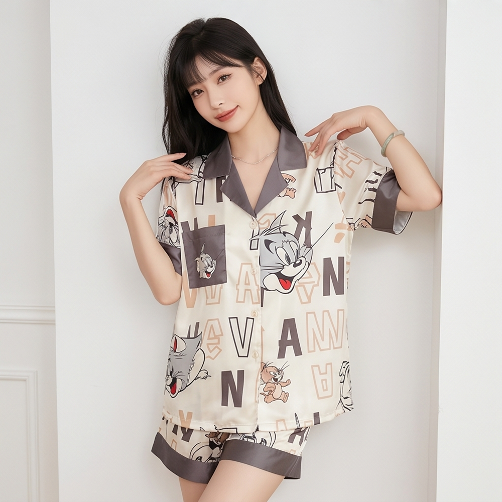 【湯姆貓】字母撞色絲滑居家服套裝