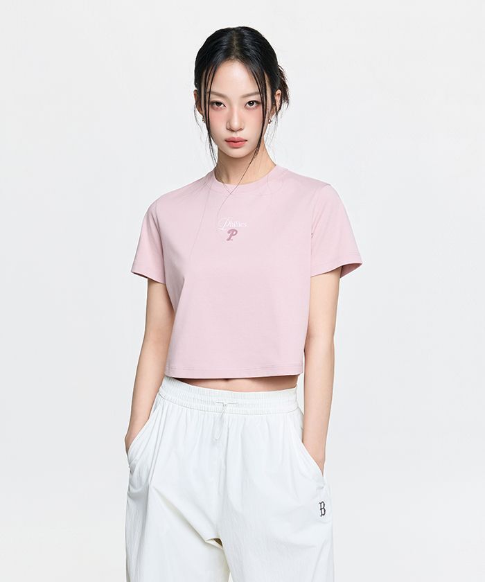 MLB 女款 Sheriff Logo 舒適修身短袖裁切上衣 3FTSB8463-10PKL