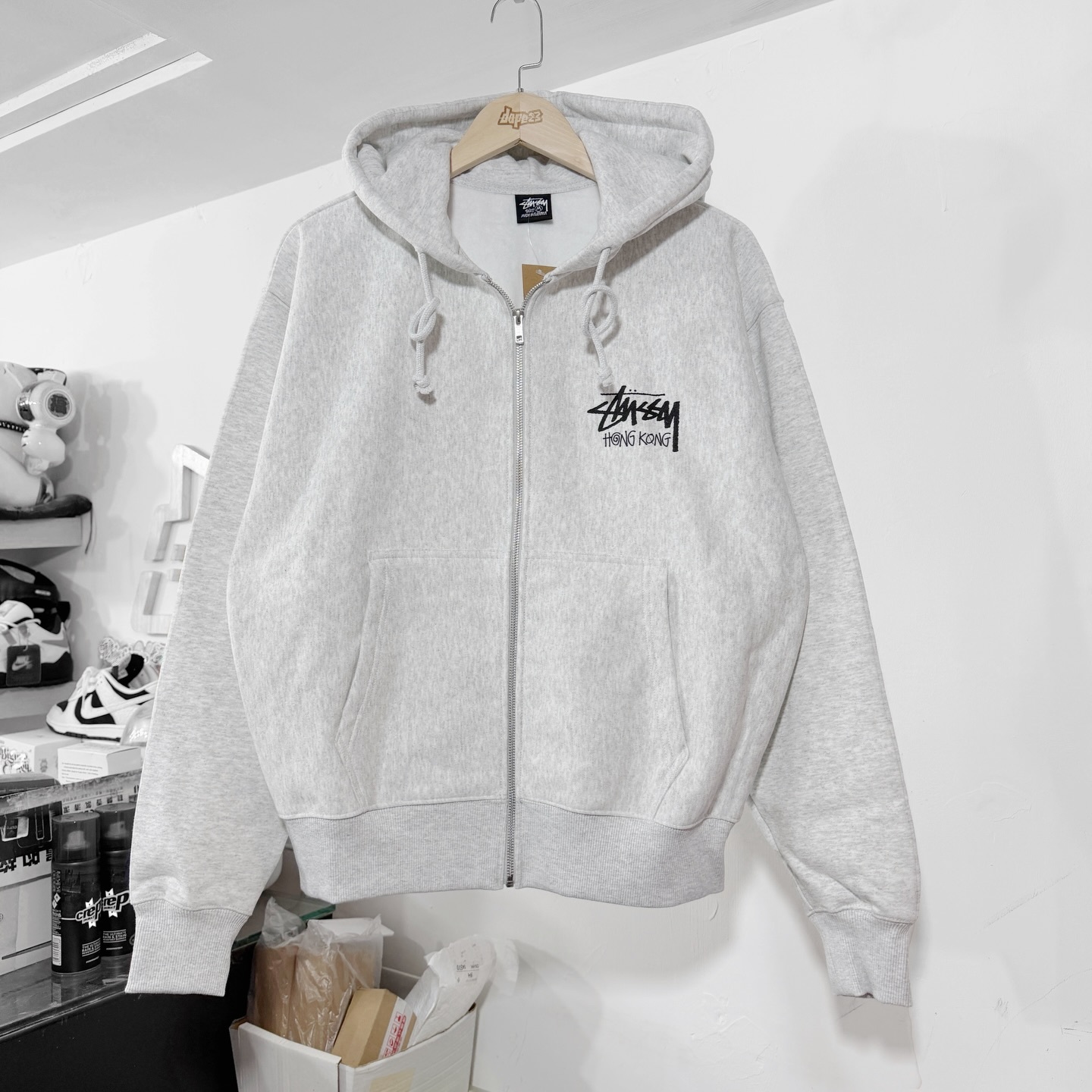 STUSSY STOCK HONGKONG ZIP UP HOODIE ASH HEATHER 灰色 香港限定拉鏈外套