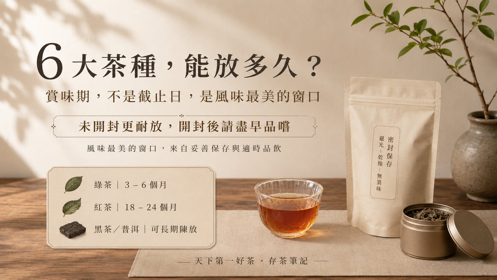 六大茶種開封後保存期限對照圖,綠茶3至6個月、白茶6至12個月、烏龍清香6至12個月、烏龍焙香1至2年、紅茶18至24個月、黑茶普洱數年至數十年