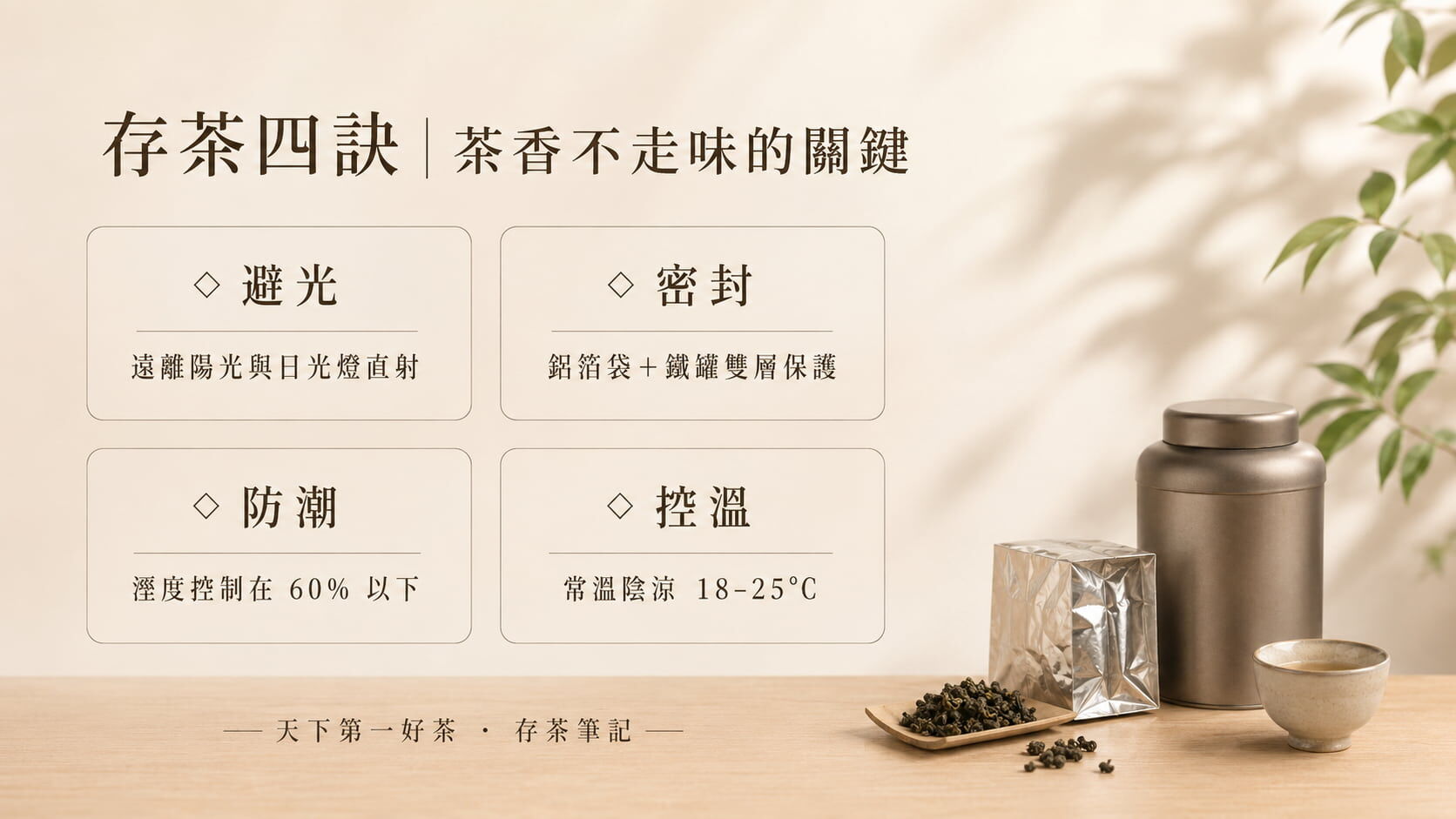 茶葉正確保存四大原則示意圖,避光、密封、防潮、控溫的環境條件與冷藏注意事項