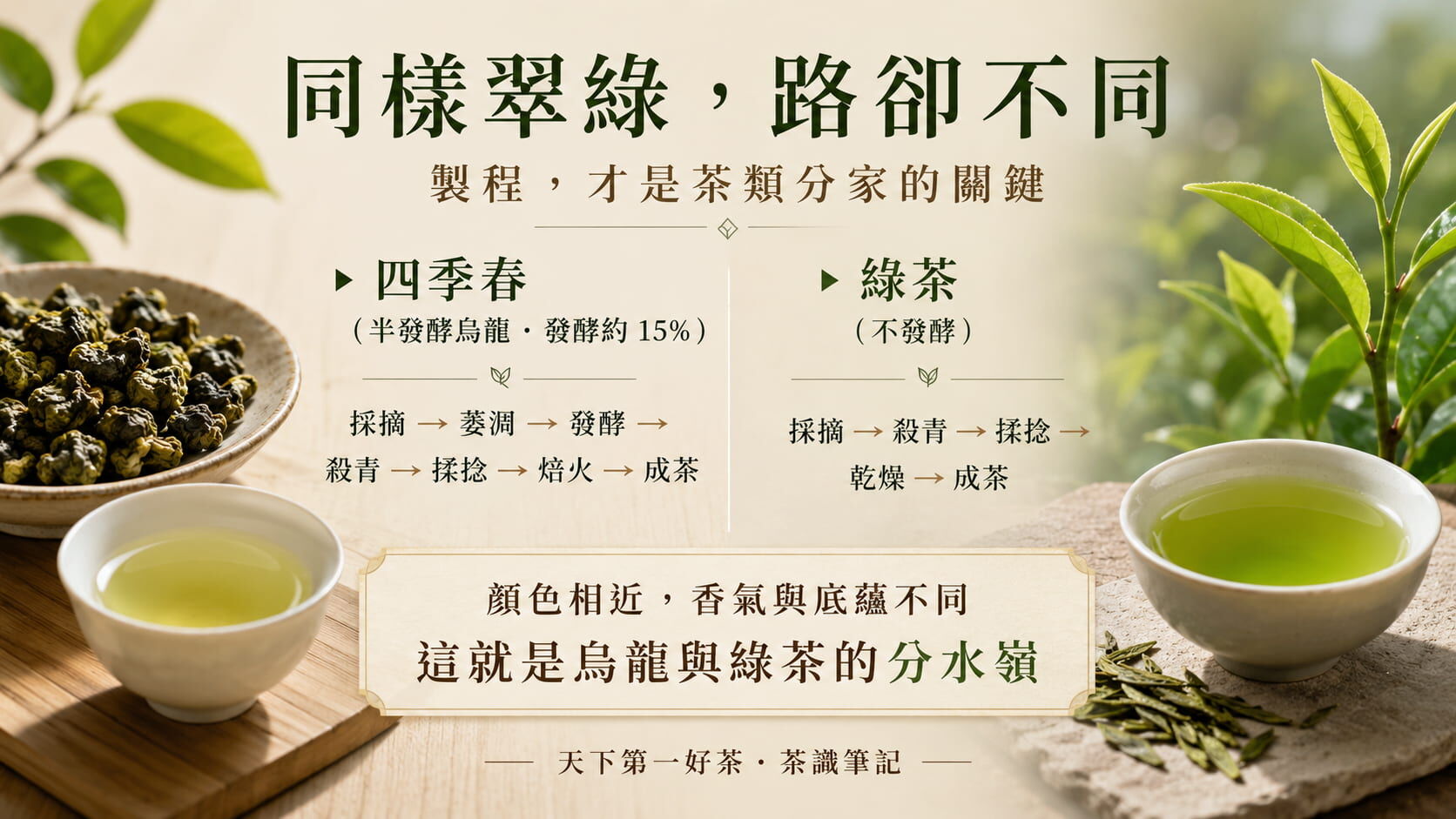 四季春與綠茶製程對照圖，四季春經過萎凋發酵焙火屬於半發酵烏龍，綠茶不發酵直接殺青乾燥