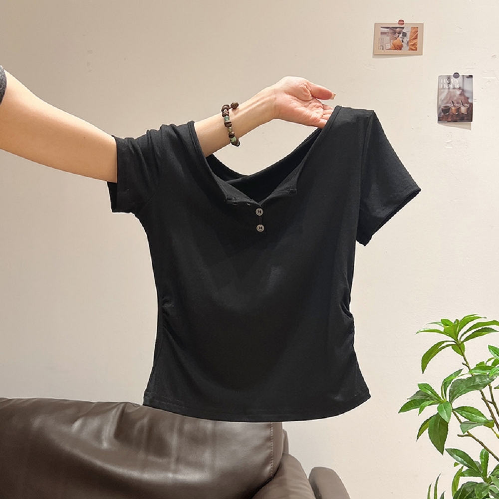 【ASister 小姊姊】AS2476#女裝｜上衣☆圓V領4釦正肩側抓皺素色T恤(4色 S-XL)