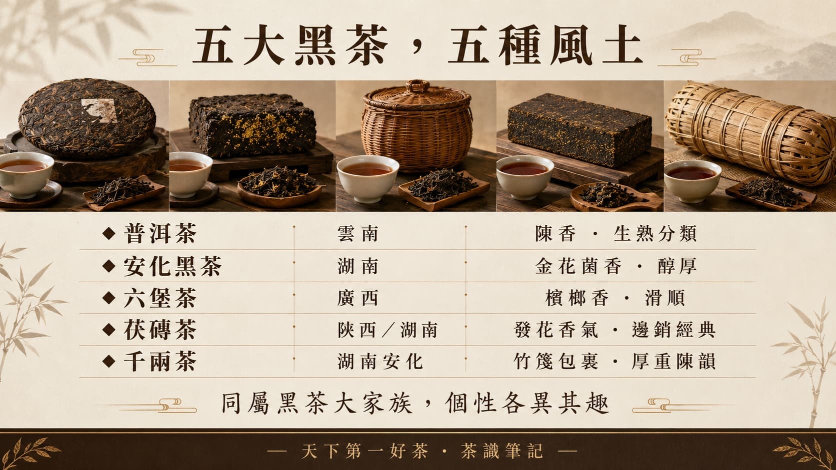 五大黑茶種類產區風味對照圖，普洱、安化、六堡、茯磚、千兩茶的地域與香氣特色比較