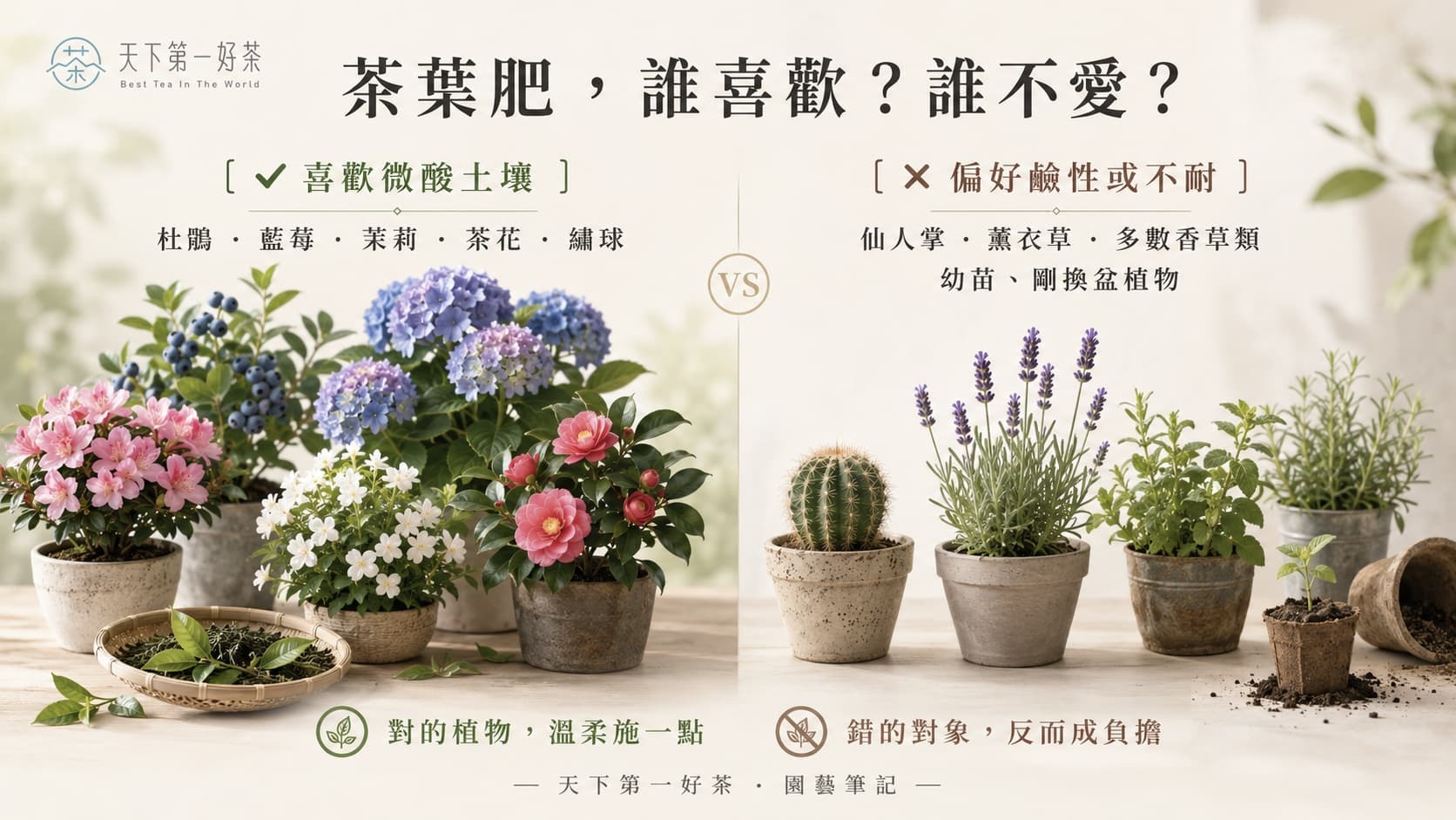 適合與不適合使用茶葉肥料的植物對照圖，杜鵑藍莓茉莉等酸性植物適用，仙人掌薰衣草等鹼性植物與幼苗不適用