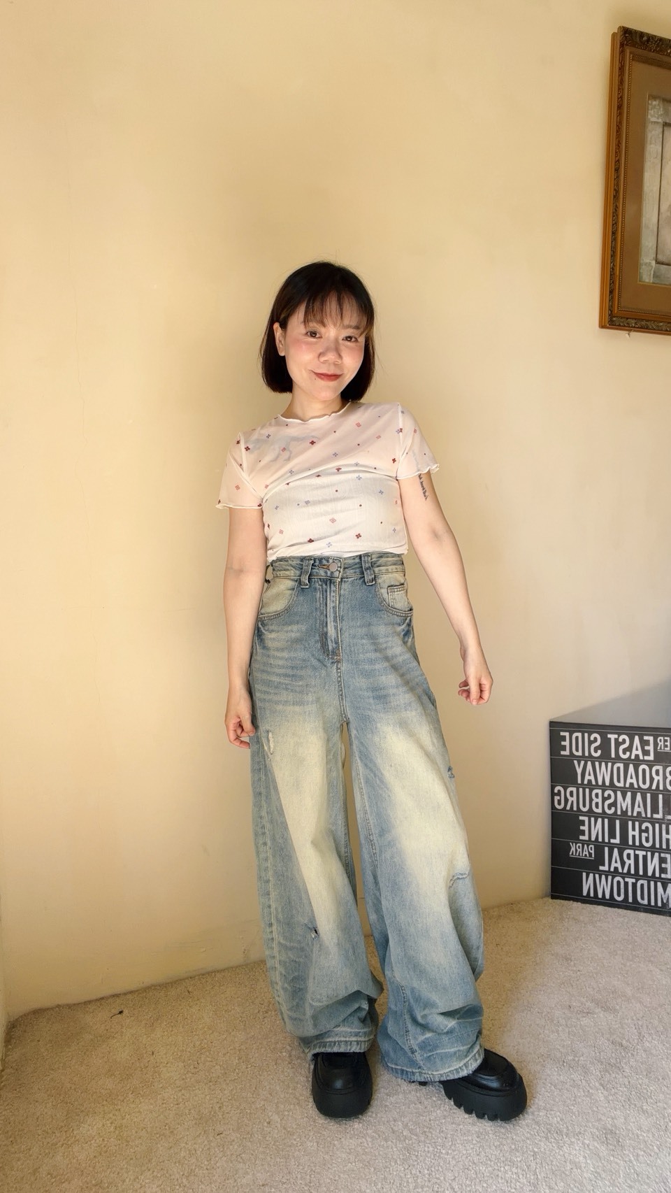 小花透膚短袖打底