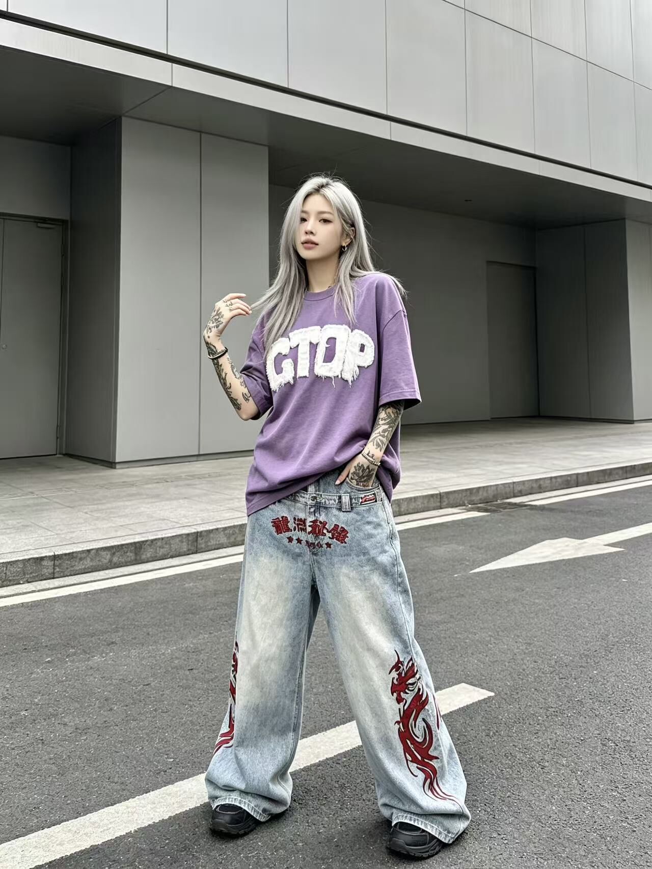 XCTRL 抽鬚數字布章寬版短T-紫