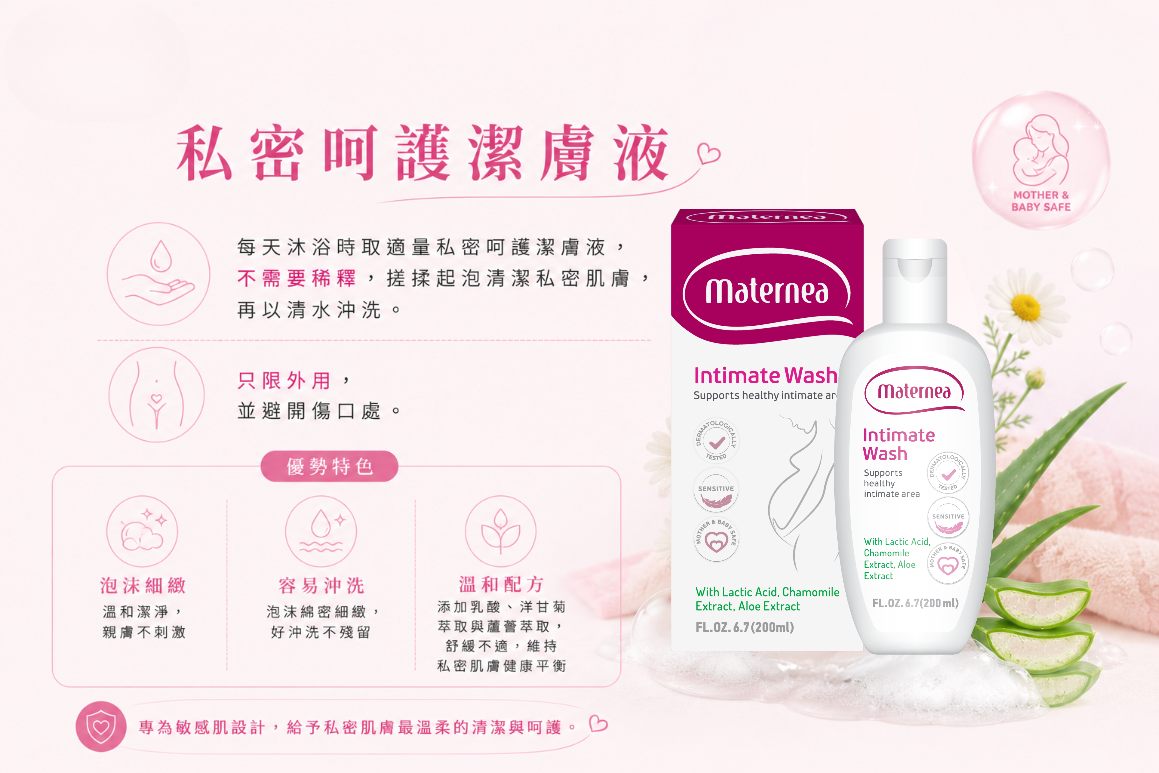 Maternea 私密呵護潔膚液專為懷孕媽媽而設私密處保養，經檢驗通過48小時白色念珠菌99.99%抗菌效果，