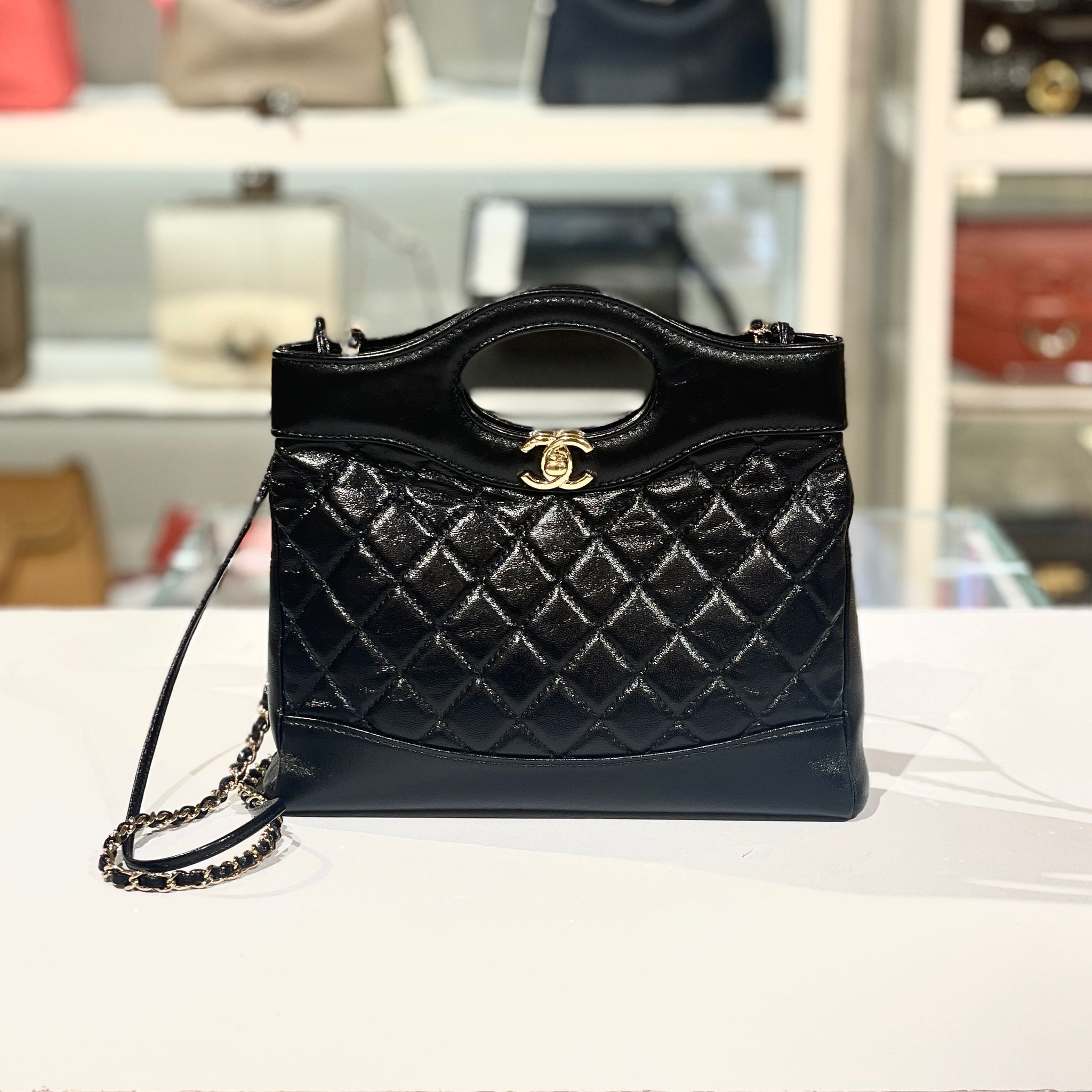 99.9%NEW二手CHANEL 31 BAG MINI AS4133 黑色淡金油蠟皮@晶片款 #香榭站正品