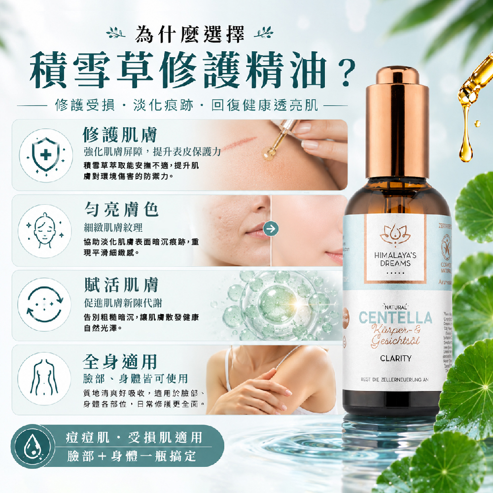 【德國 HIMALAYA'S DREAMS】阿育吠陀積雪草臉部及身體精油100ml(彈潤修護)