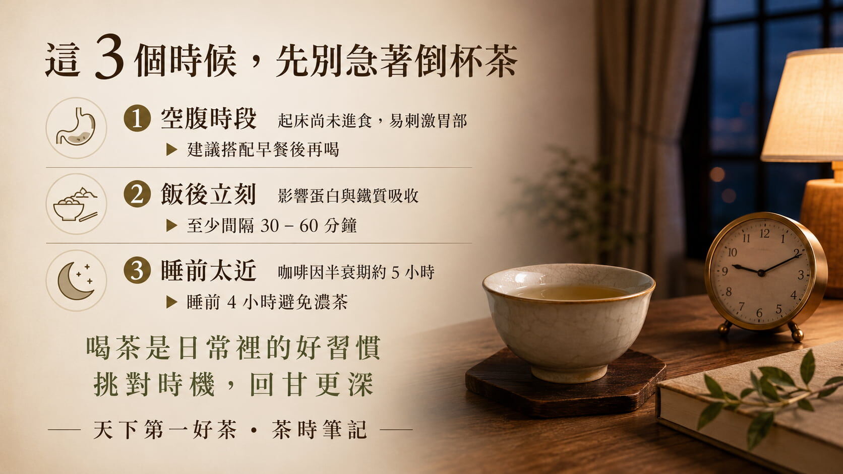 不適合喝茶的三個時機與建議間隔圖，空腹避免、飯後30至60分鐘再喝、睡前4小時避免濃茶