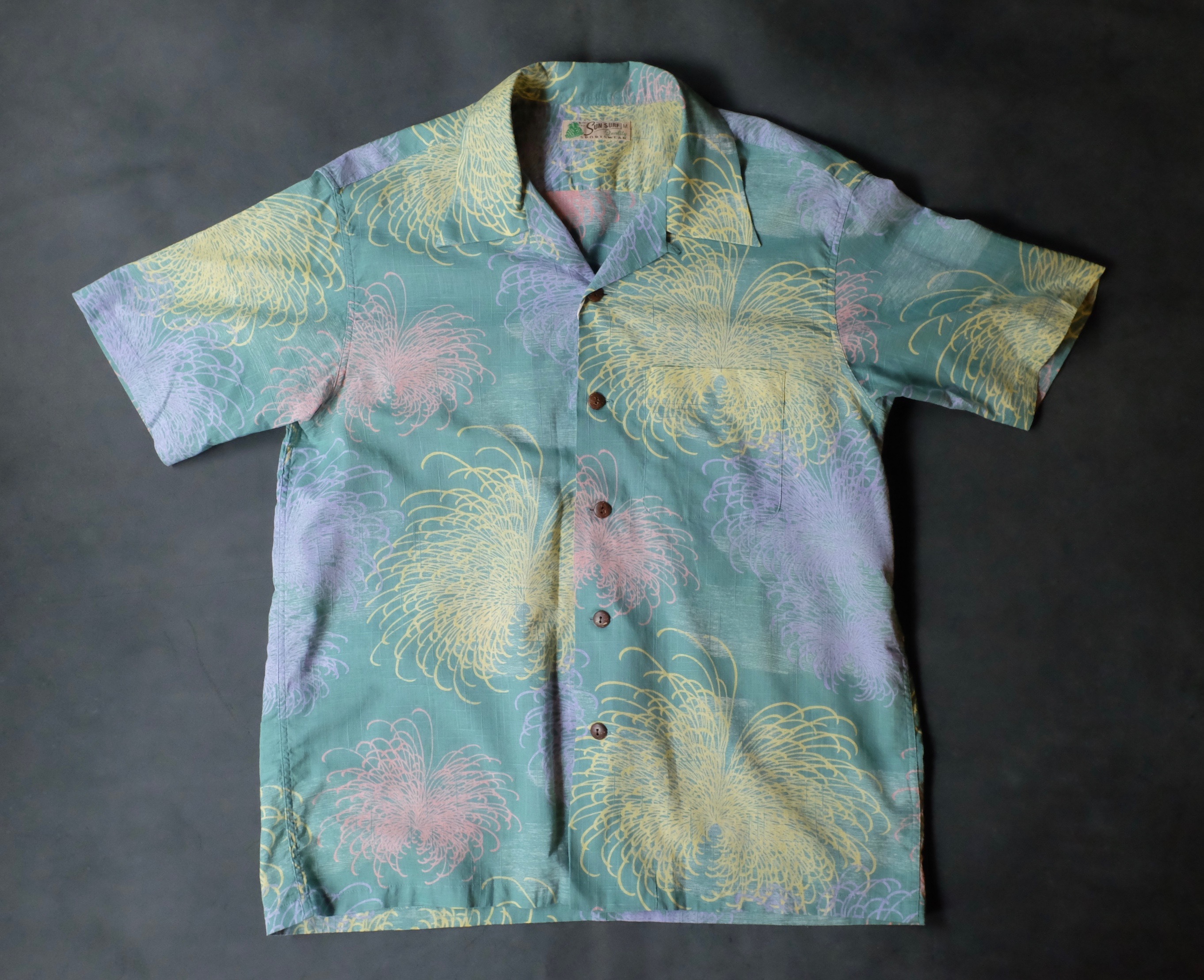 SUN SURF COTTON LINEN SLUBYARN HAWAIIAN SHIRT “CHRYSANTHEMUM” / GREEN