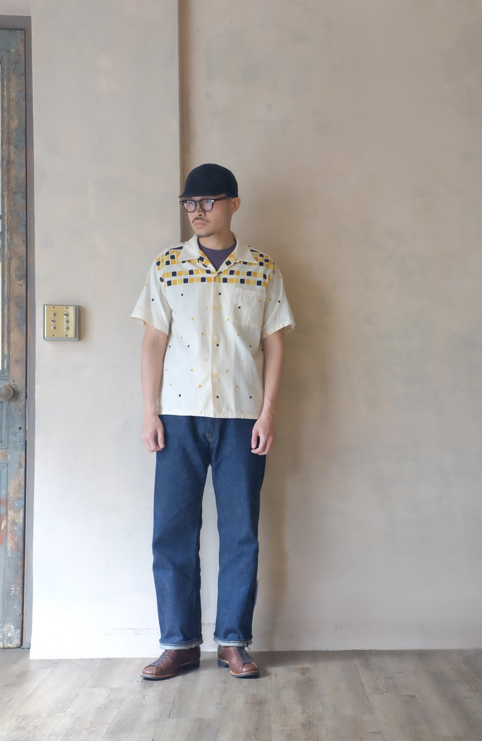 STAR OF HOLLYWOOD DOBBY COTTON OPEN SHIRT “SQUARE” / YELLOW