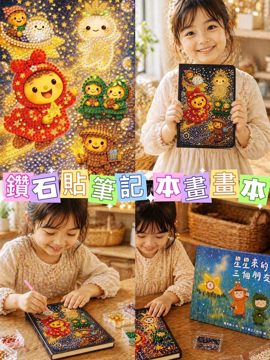 『童話黏土』文創商品-客家三寶 星星來的七個朋友A5鑽石貼筆記本