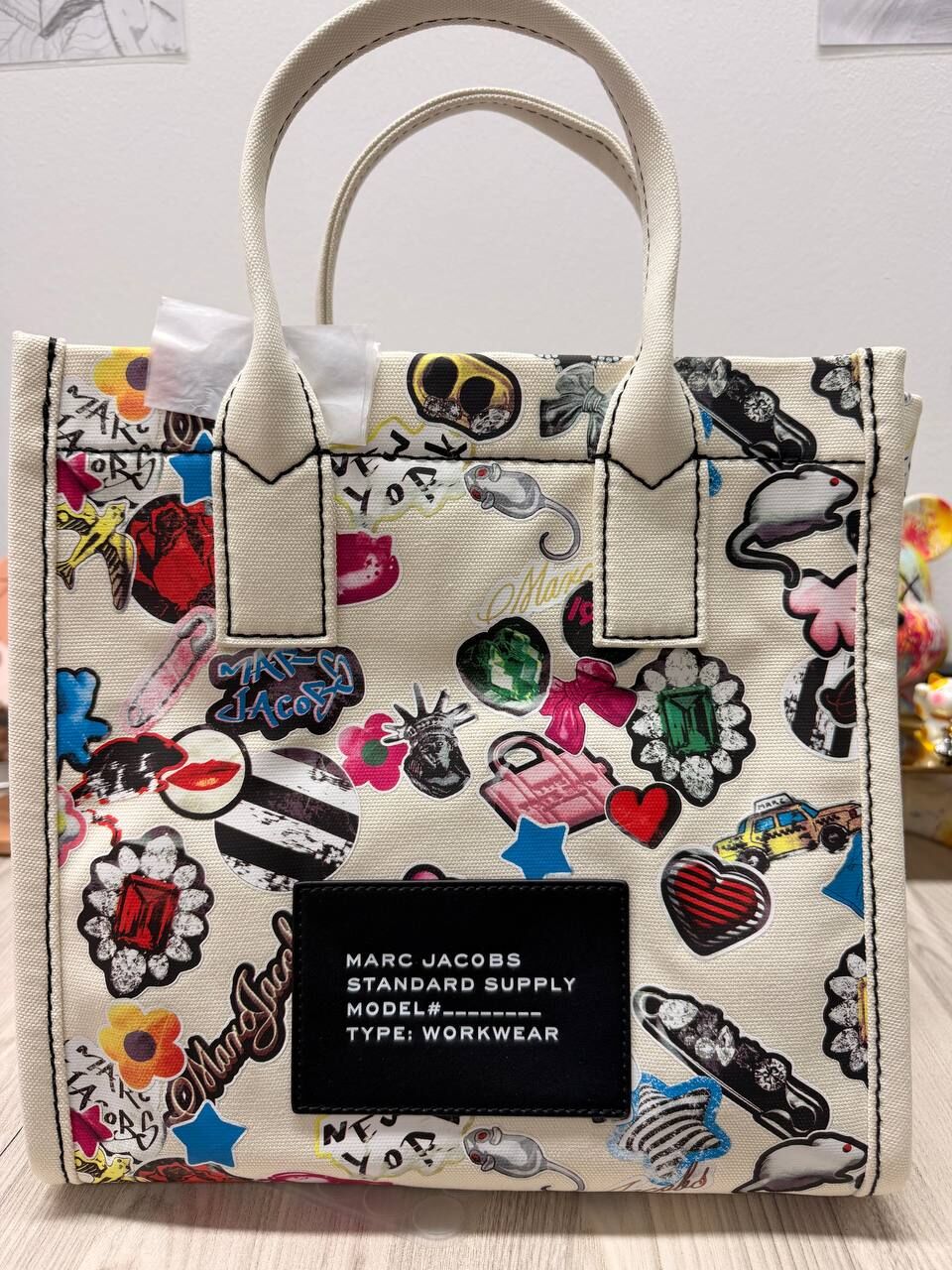 [S] MARC JACOBS WHITE MULTI 4S6HTT022H02-101 STICKER PRINT CANVAS TOTE, 196611815406 (SMJ683)