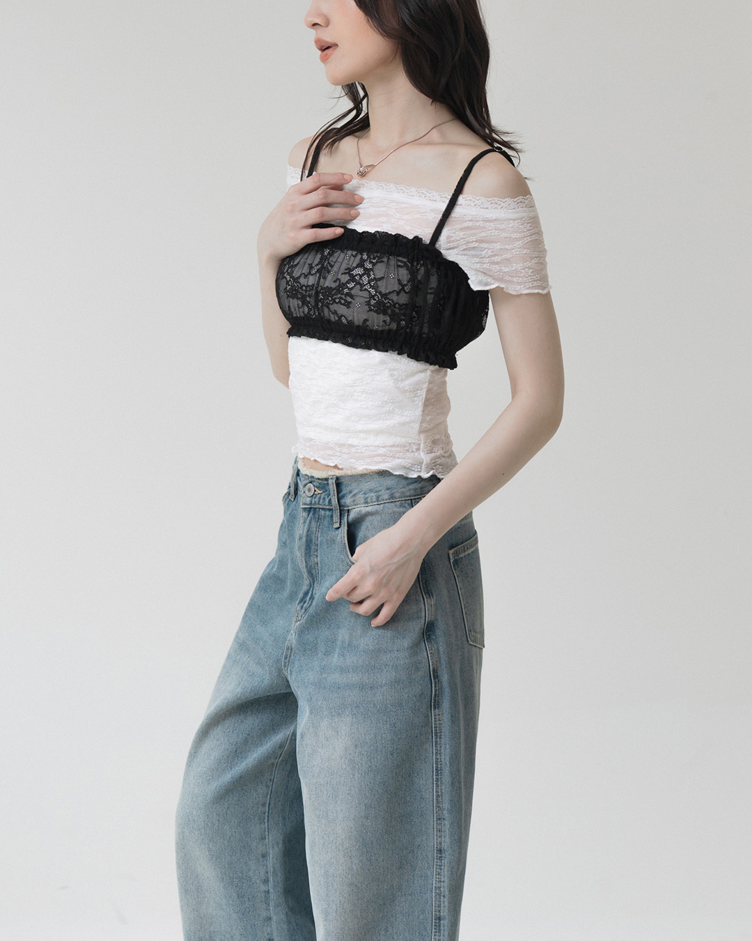 Lace cutout spaghetti strap top/short vest - Black S/M【01099671】in stock+pre-order
