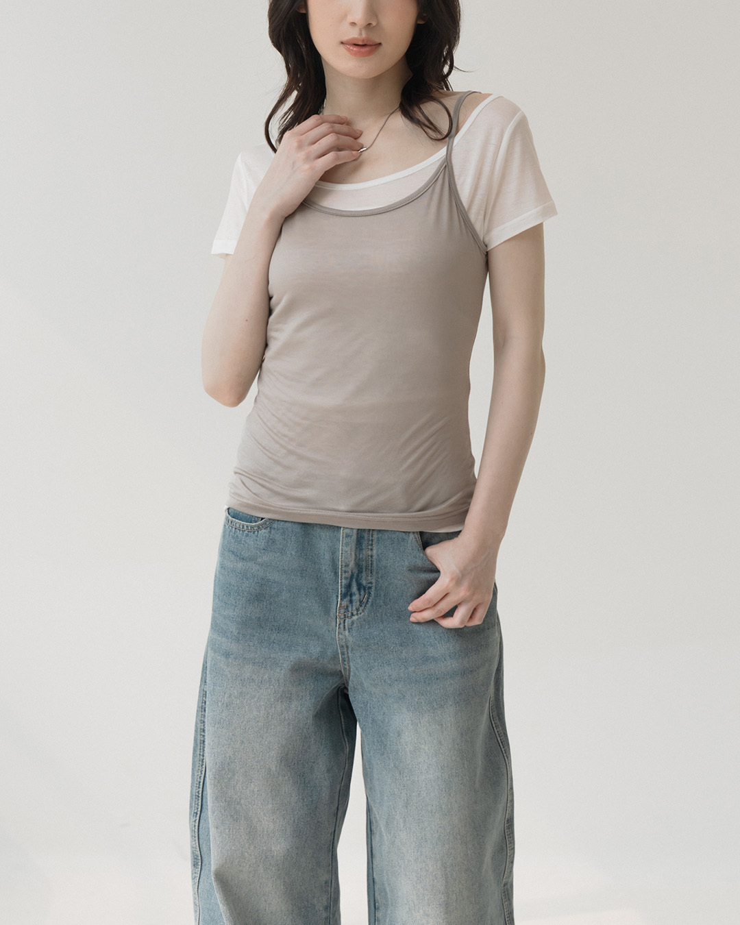 Two-piece color-blocked sheer vest top - white【01140086】in stock+pre-order