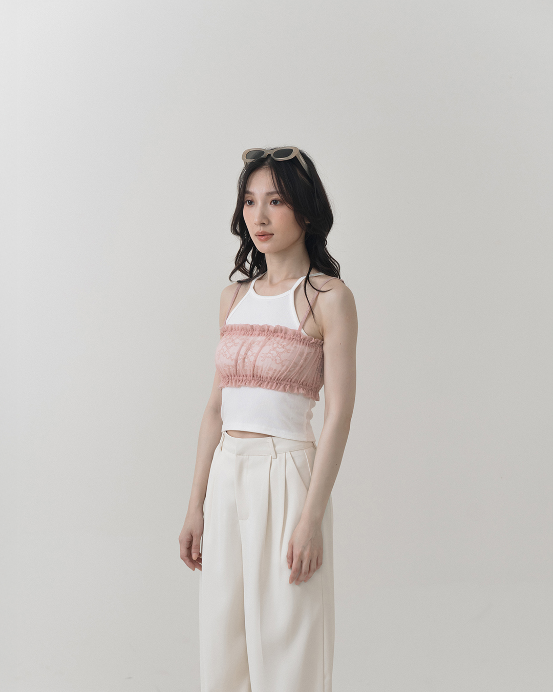 Lace cutout spaghetti strap top/short vest - Pink S/M【01099670】in stock+pre-order