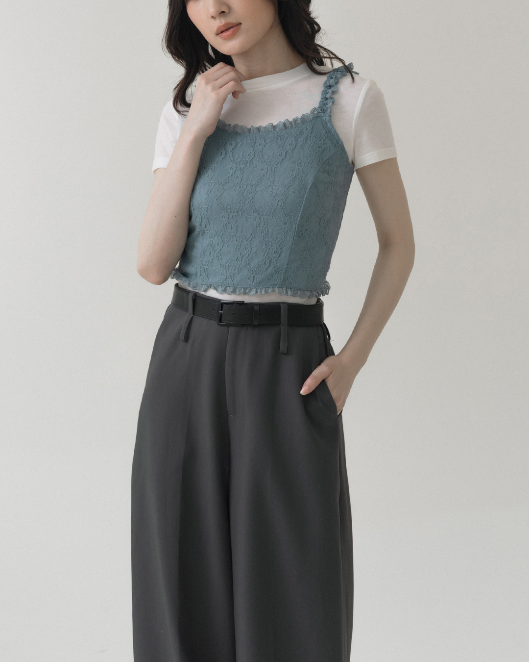 Lace Ruffle Short Vest Top - Blue【01099674】in stock+pre-order