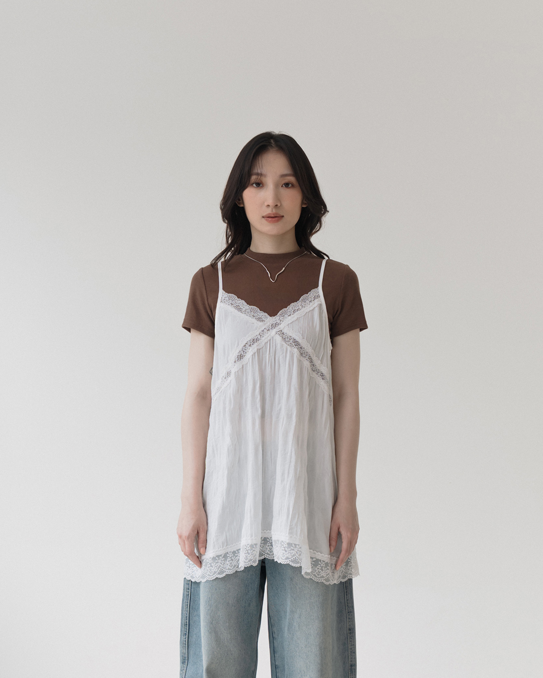 Wrinkled sheer lace spaghetti strap cover-up vest - white【01099676】in stock+pre-order